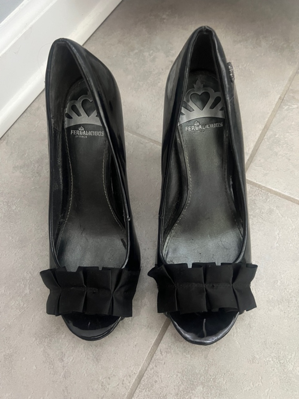 Fergalicious Black Patent Peep-Toe Heels with Bow
